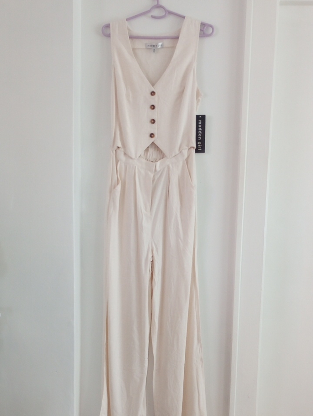 Madden Girl Linen Blend Boho Cream Button-Front Vest Sleeveless Jumpsuit Size M